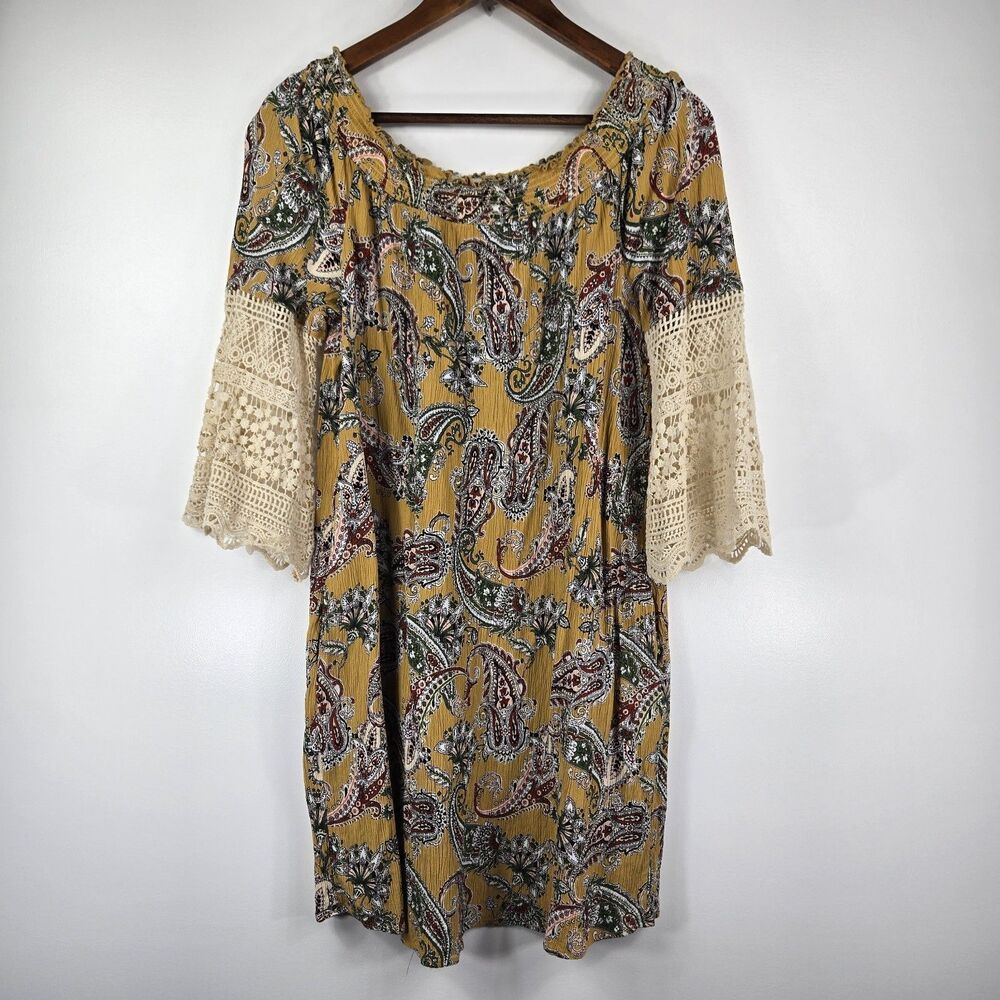 Cato Size‎ Large Yellow Paisley Dress Lace Crochet Sleeves